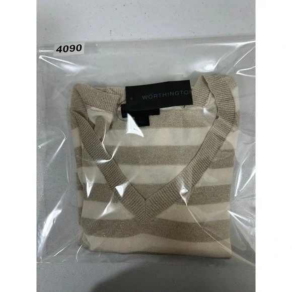 Worthington Womens XL V-Neck Sweater Gold Metallic Striped Cream Long Sleeve NEW - Picture 5 of 5